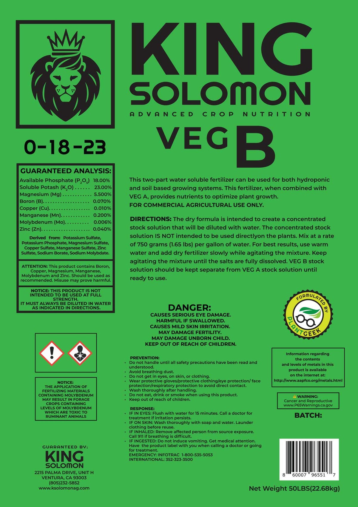 King Solomon Veg B Commercial Dry Nutrient, 50 lb bag