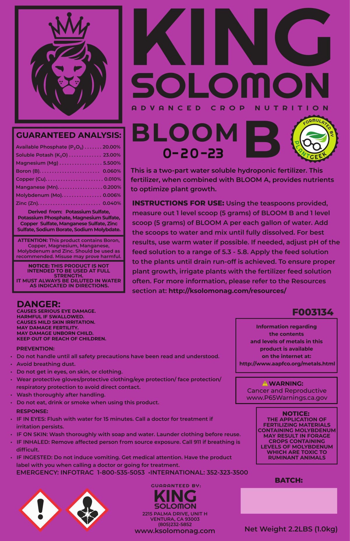 King Solomon Bloom B Dry Nutrient, 2.2 lb bag