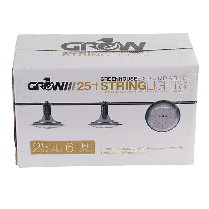 25' Greenhouse Expandable String Lights 14AWG w/ 12W LED 6500K Grow LED Bulbs (6 bulbs)