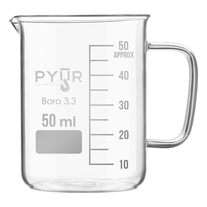 Pyur Scientific Low Form Glass Beaker w/ Graduations, Handle, and Spout 50ml