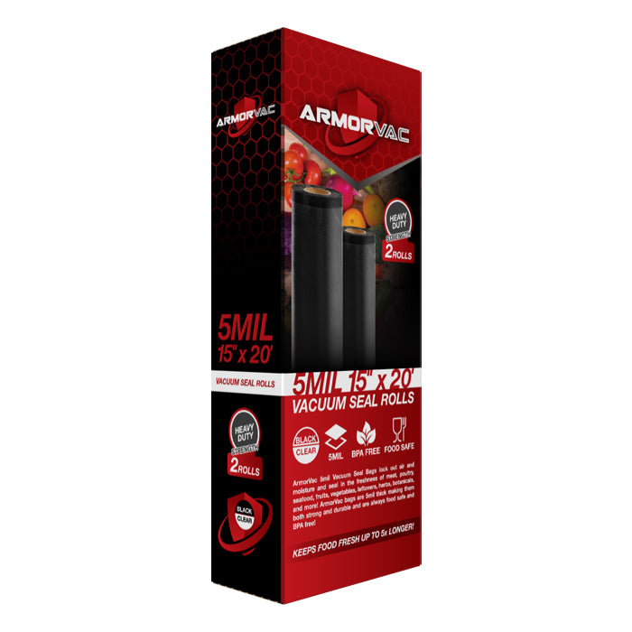 ArmorVac 15”x 20’ 5mil Vacuum Seal Bags Black & Clear (2 Rolls)
