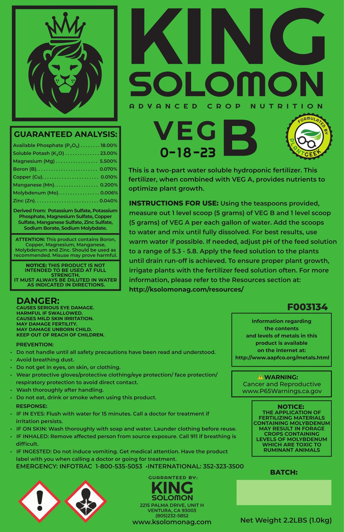 King Solomon Veg B Dry Nutrient, 2.2 lb bag