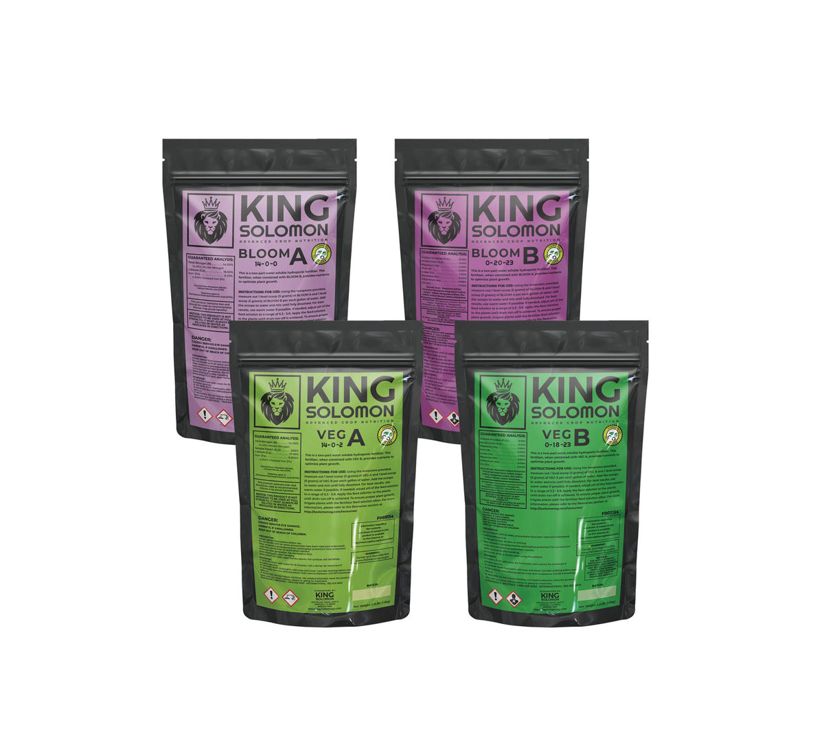 King Solomon Full Nutrient Kit, Veg A, Veg B, Bloom A and Bloom B, 2.2 lb bag of each