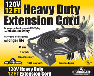 Heavy Duty 3 Outlet Power Strip / Extension Cord, 120V, 12′