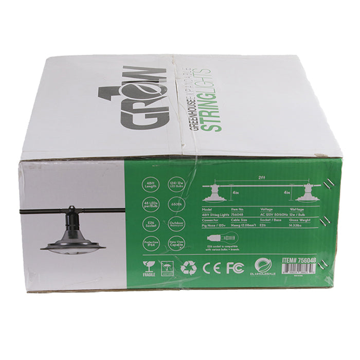 48' Greenhouse Expandable String Lights 14AWG w/ 12W LED 6500K Grow LED Bulbs (24 bulbs)