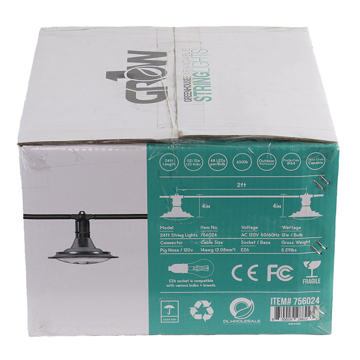 24' Greenhouse Expandable String Lights 14AWG w/ 12W LED 6500K Grow LED Bulbs (12 bulbs)
