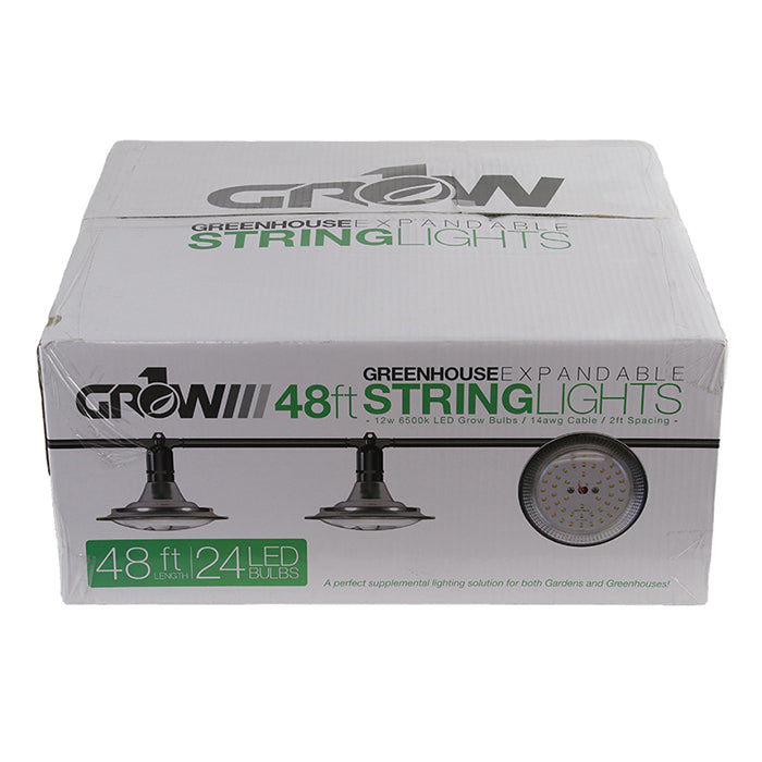 48' Greenhouse Expandable String Lights 14AWG w/ 12W LED 6500K Grow LED Bulbs (24 bulbs)