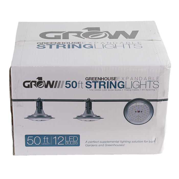 50' Greenhouse Expandable String Lights 14AWG w/ 12W LED 6500K Grow LED Bulbs (12 bulbs)