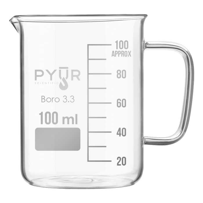 Pyur Scientific Low Form Glass Beaker w/ Graduations, Handle, and Spout 100ml